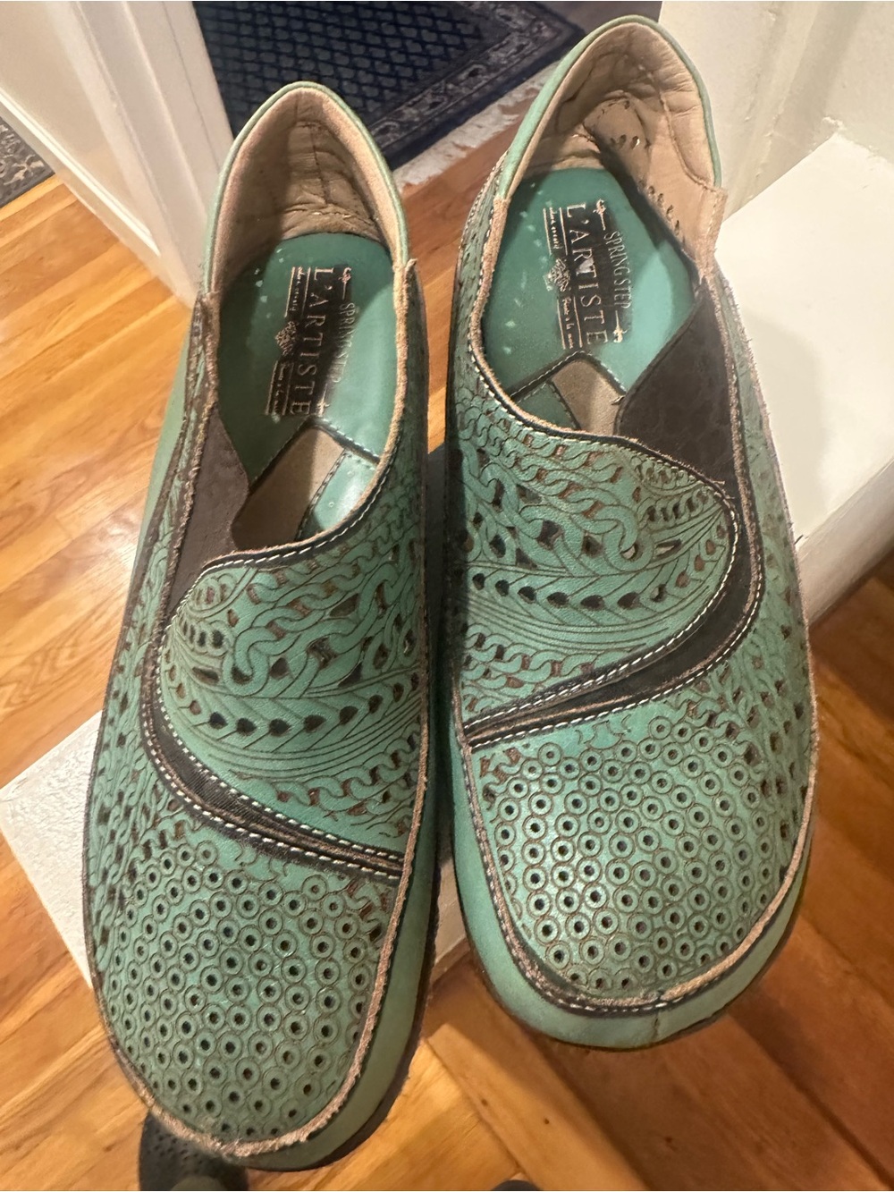 L'ATISTE Mint Blue-Green Perforated Leather Slip-On Loafers with Brown Trim